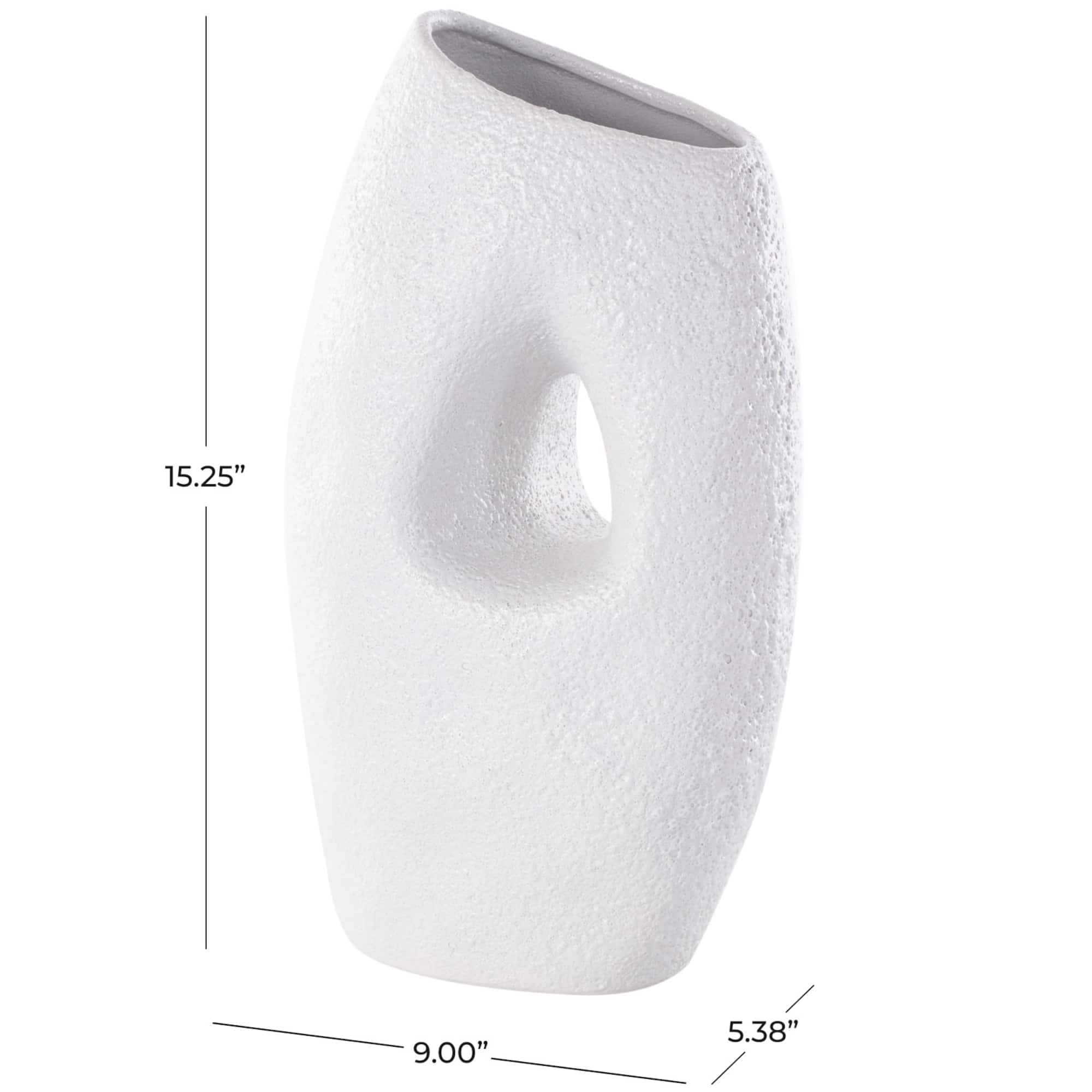 15" White Ceramic Abstract Textured Vase with Cutout Center